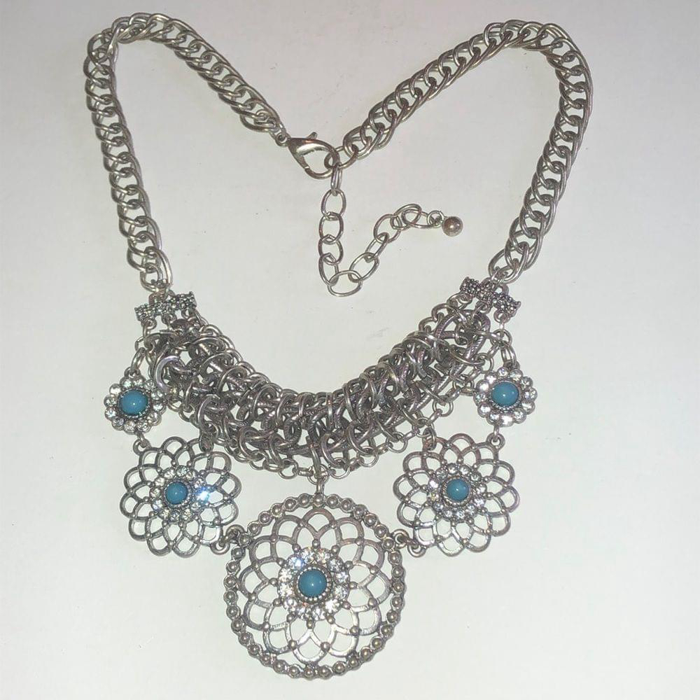 Silver Tone HUGE Boho Runway Statement CZ Rhinestones & Teal Pendant Necklace